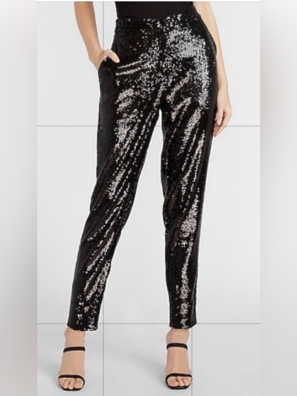 Express NWT Woman’s Md Ankle High Rise Black/Gold Sequin Stretch Evening Pants